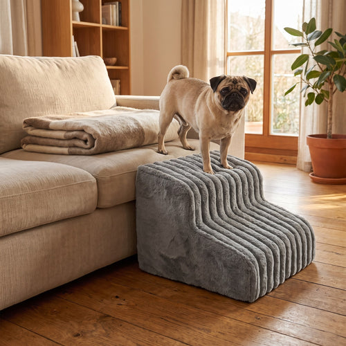 Pfotenstieg Komfort 2 Hundetreppe in Grau am Sofa, Mops steht auf der oberen Stufe